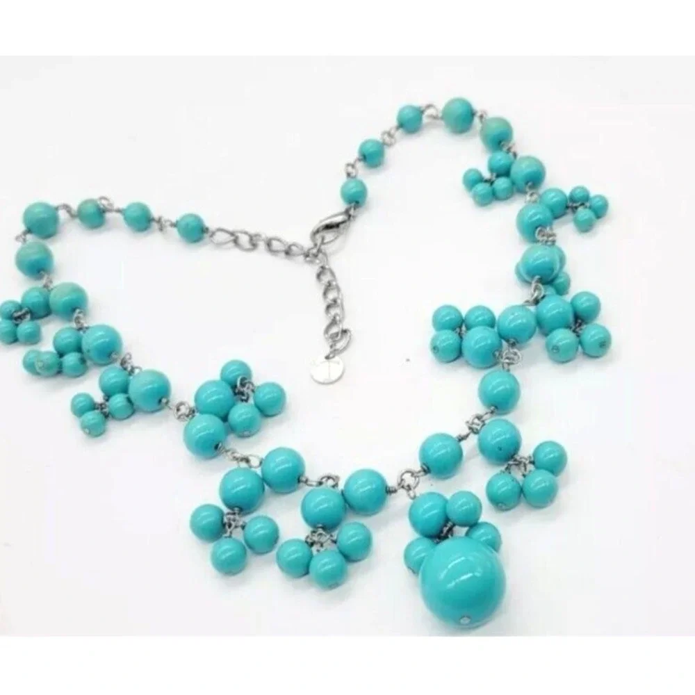 TALBOTS Necklace Turquoise color Beaded Cluster Dangle Silver tone Statement 22